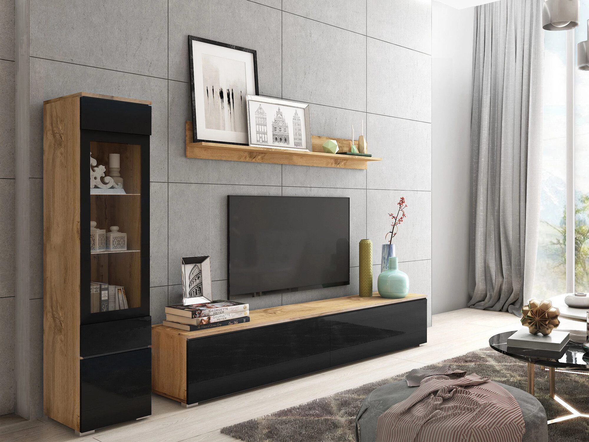 Набор для гостиной Sarasota 125 (Дуб вотан + Глянцевый черный)