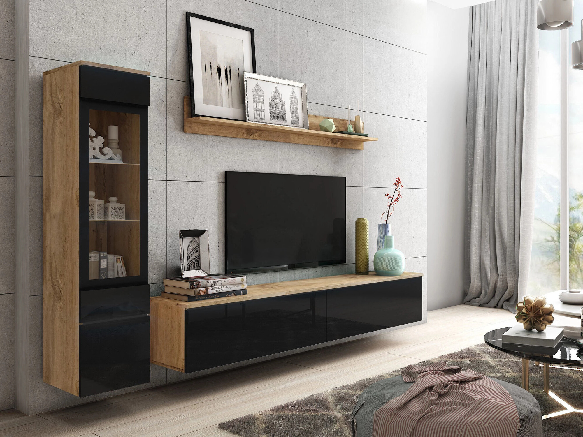 Набор для гостиной Sarasota 125 (Дуб вотан + Глянцевый черный)