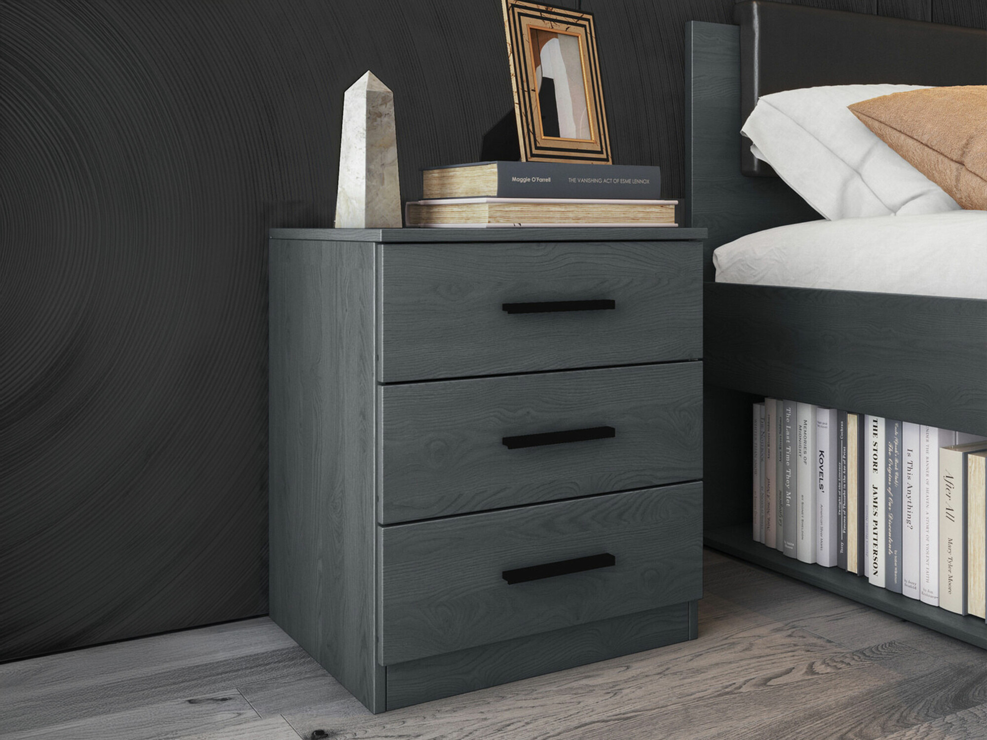 Прикроватная тумбочка Levruvu 107 (Серый дуб + Чёрный)