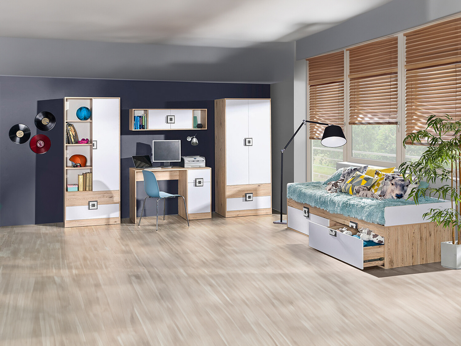 Bērnu istabas komplekts Balvire 116 (Gaišs ozols + Balts + Pelēks)