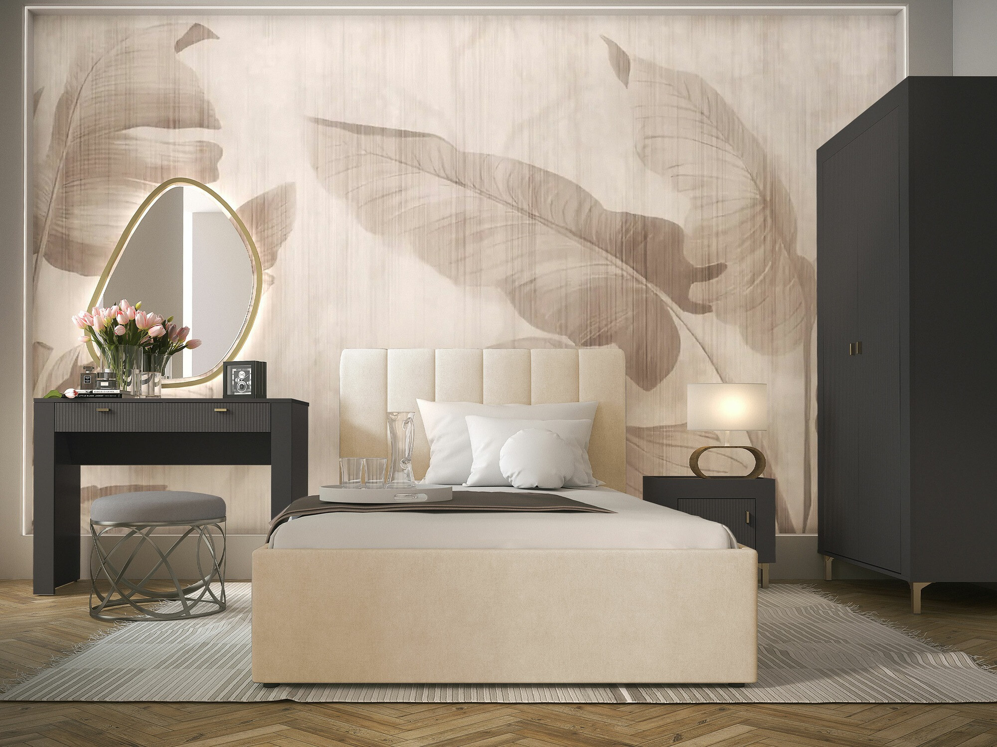 Guļamistabas komplekts Mormavu 112 (Matēts melns + Bēšs)