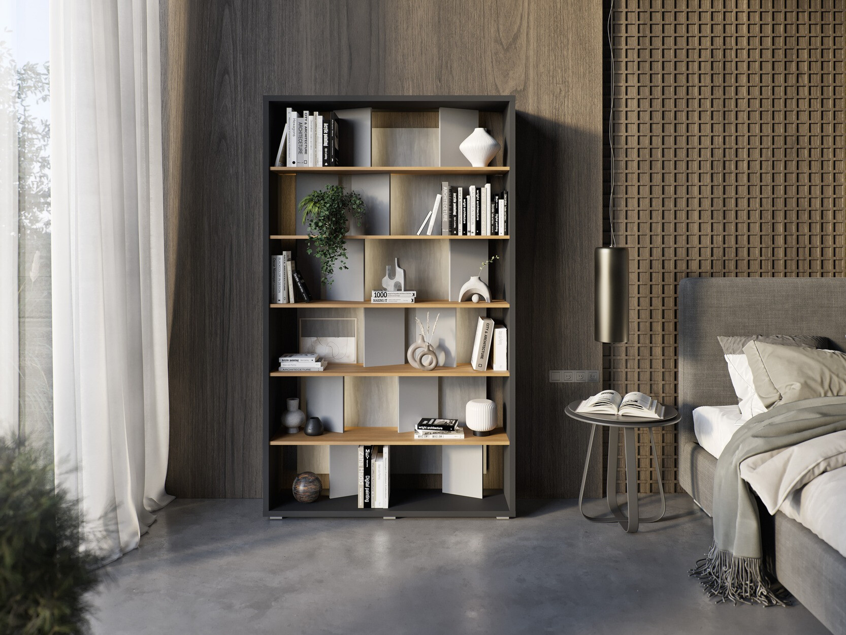 Plaukts Fresno 154 (Glancēts pelēks + Grafīts + Ozols)