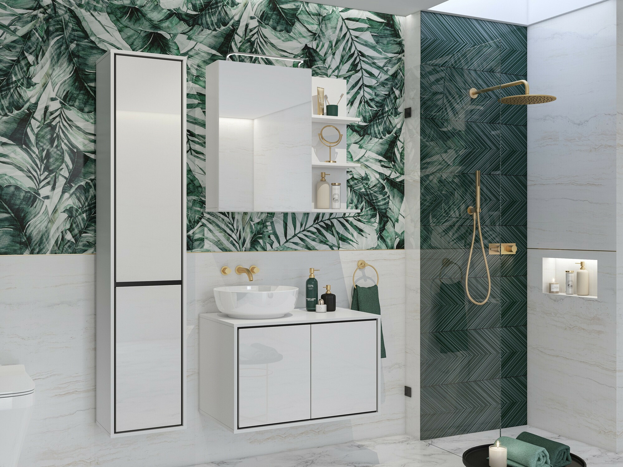 Piekarams vannas istabas skapītis izlietnei Tecavu 103 (Glancēts balts + Balts)