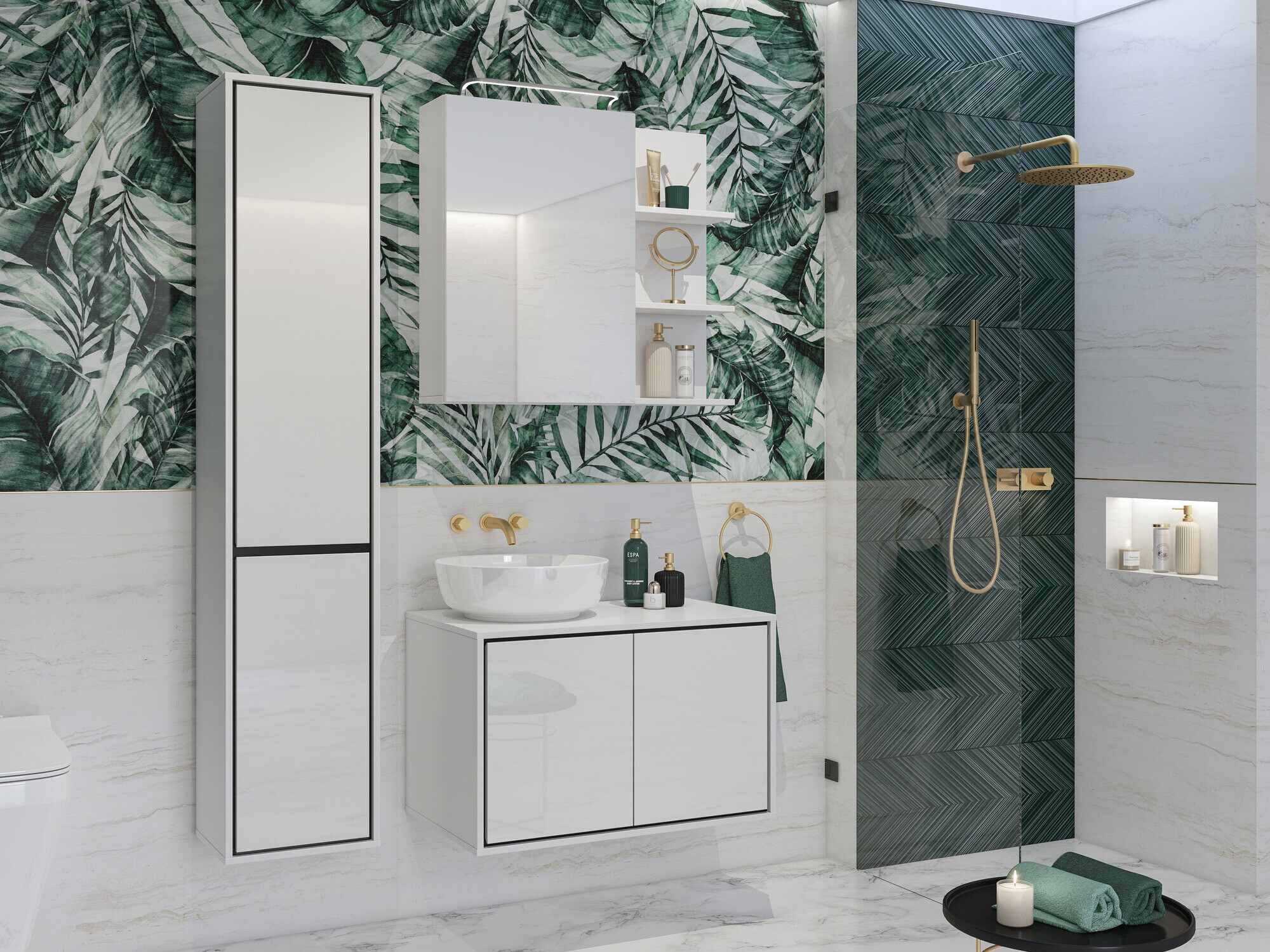 Vannas istabas skapis ar spoguli Tecavu 102 (Glancēts balts + Balts)