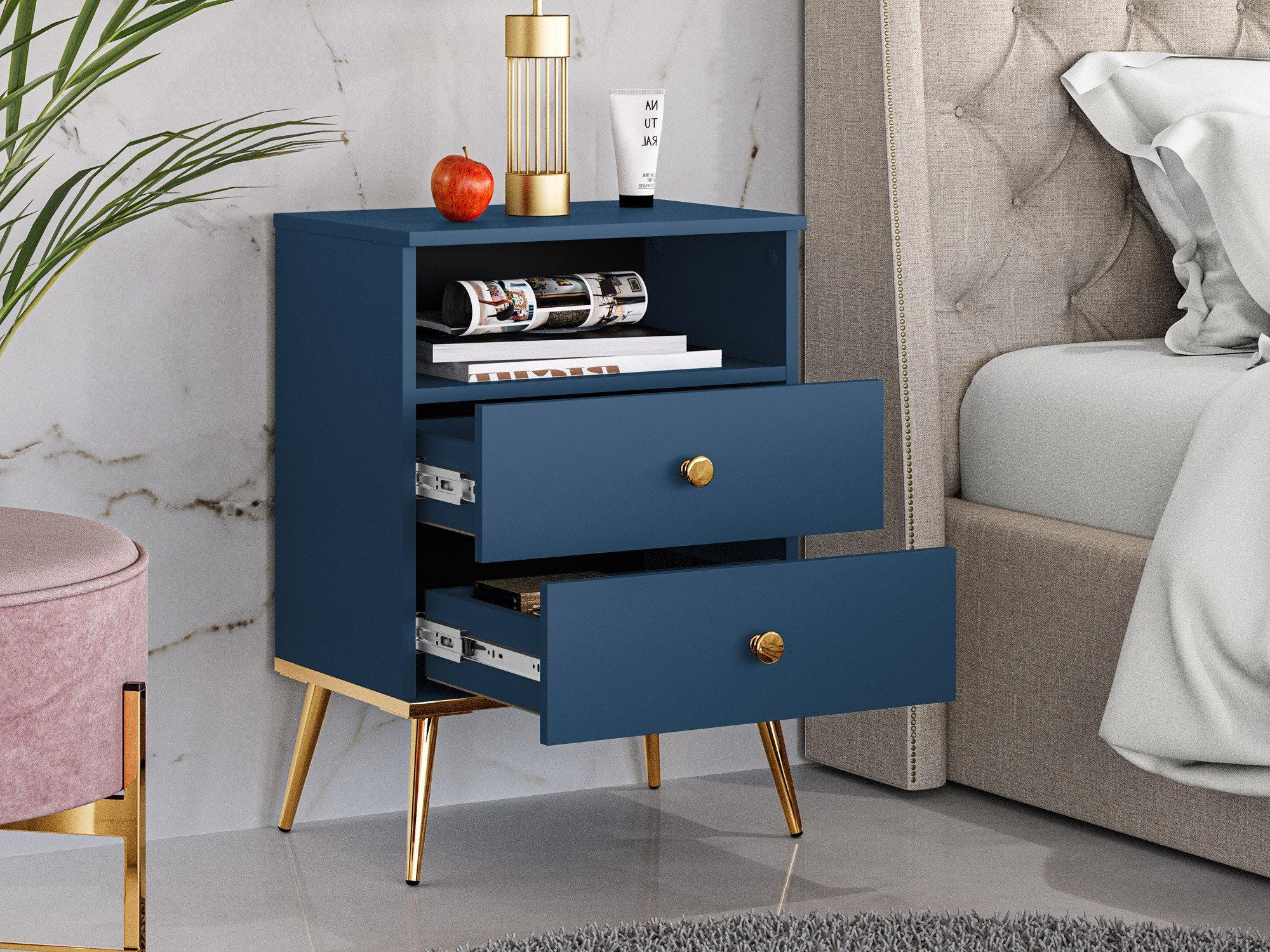 Прикроватная тумбочка Flonovu 111 (Темно-синий + Золотой)