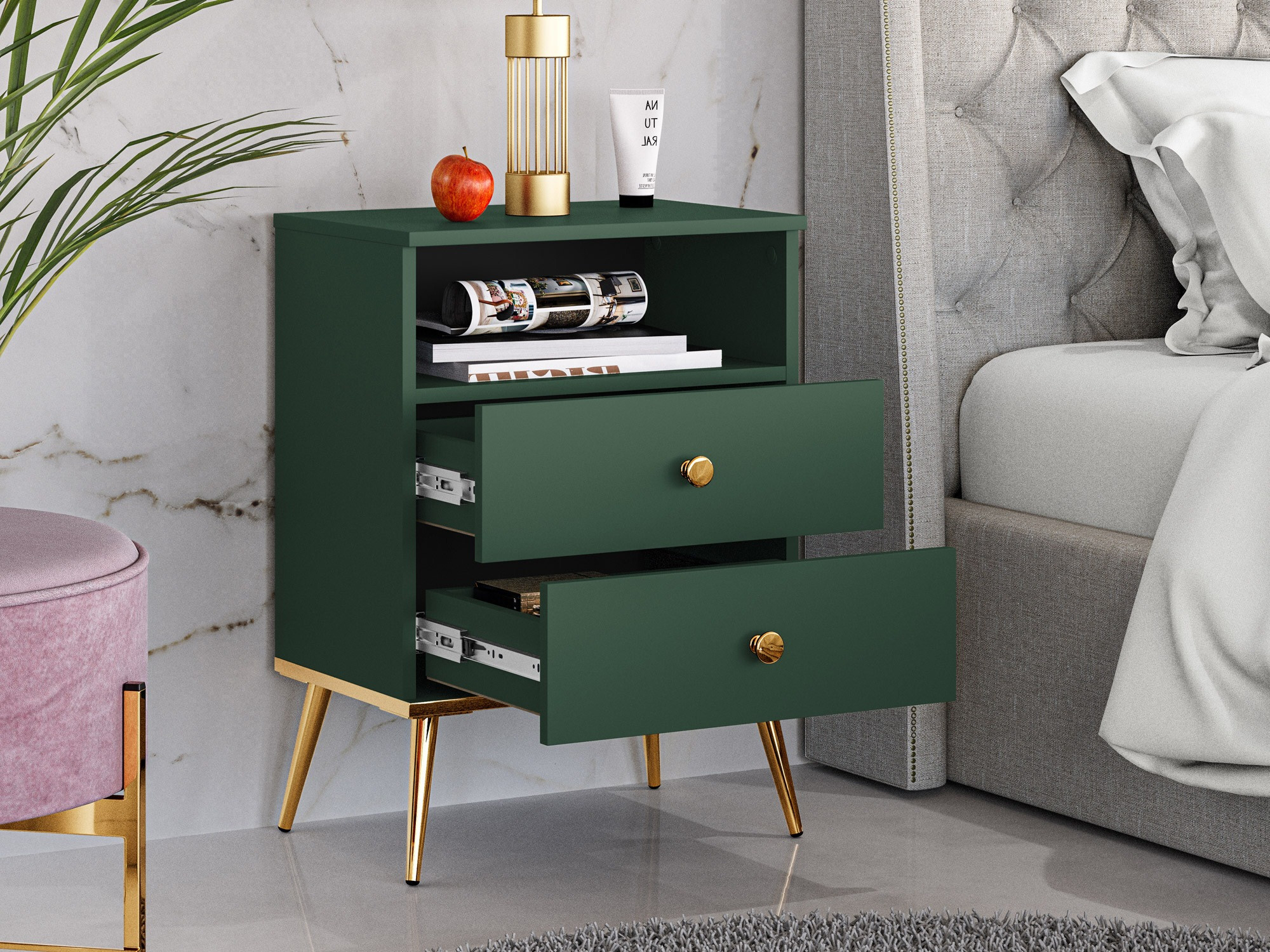 Прикроватная тумбочка Flonovu 111 (Темно-зеленый + Золотой)