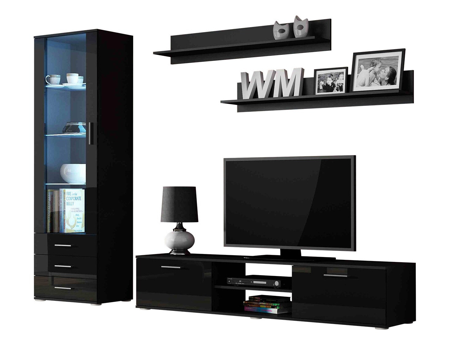 Viesistabas komplekts Tornola 107 (Melns + Glancēts melns)