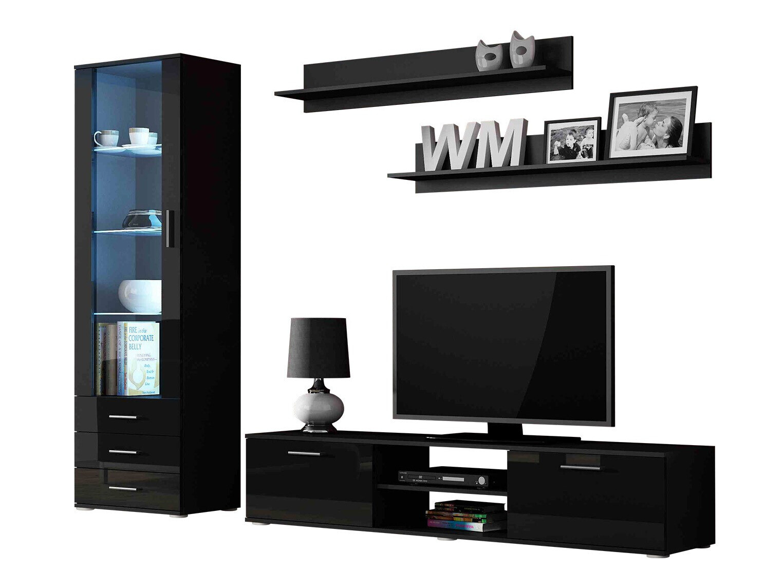 Viesistabas komplekts Tornola 107 (Melns + Glancēts melns)