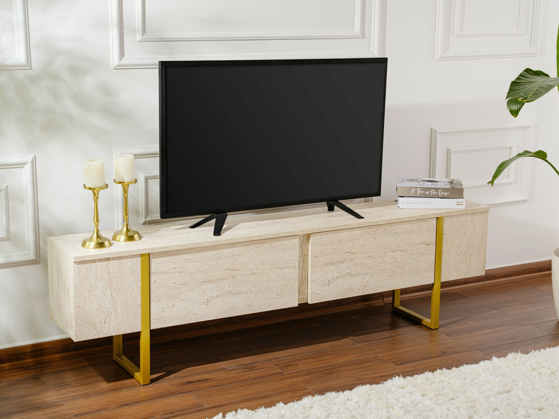 TV galds Novato 105 (Gaišs Travertine + Zelta)
