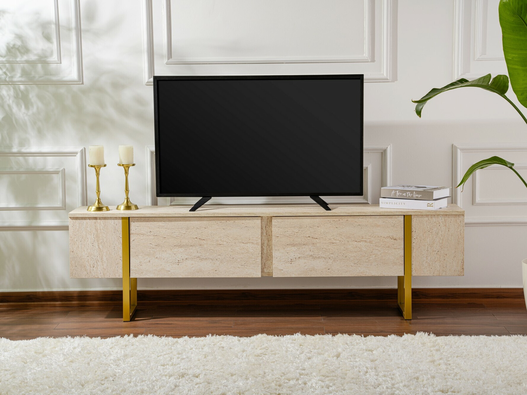 TV galds Novato 105 (Gaišs Travertine + Zelta)