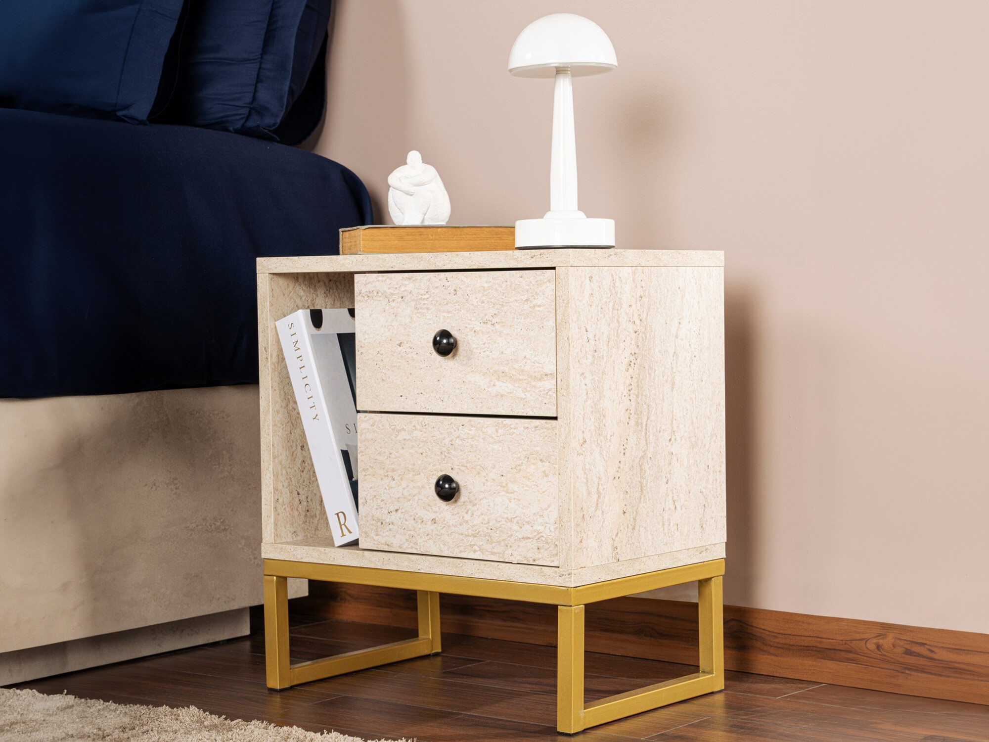 Naktsgaldiņš Novato 109 (Gaišs Travertine + Zelta)