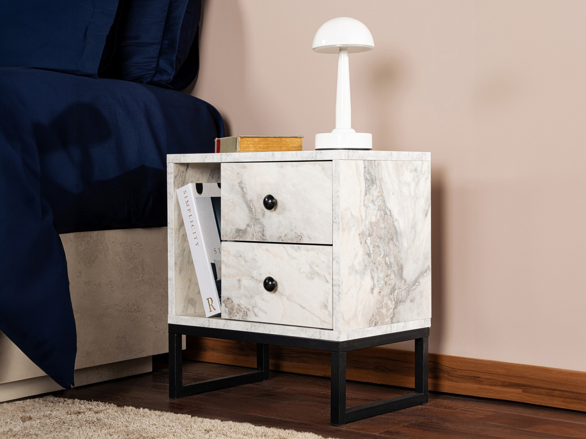 Прикроватная тумбочка Novato 109 (Белый мрамор + Чёрный)