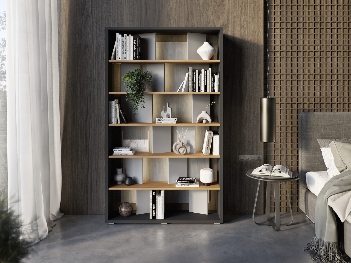 Стеллаж Fresno 154 (Серый + Графит + Дуб)