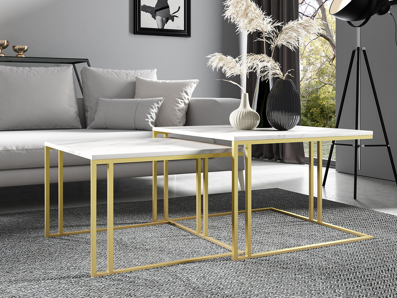 Žurnālu galdiņu komplekts Oswego 110 (Balts marmors + Zelta)