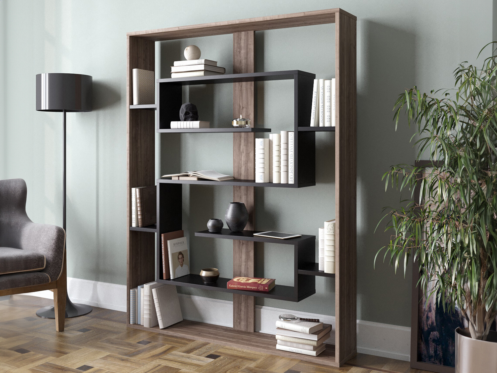 Стеллаж Kailua 1076 (Грецкий орех + Чёрный)