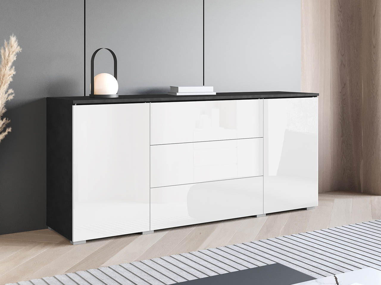Kumode Mirfivo 102 (Matera pelēks + Glancēts balts)