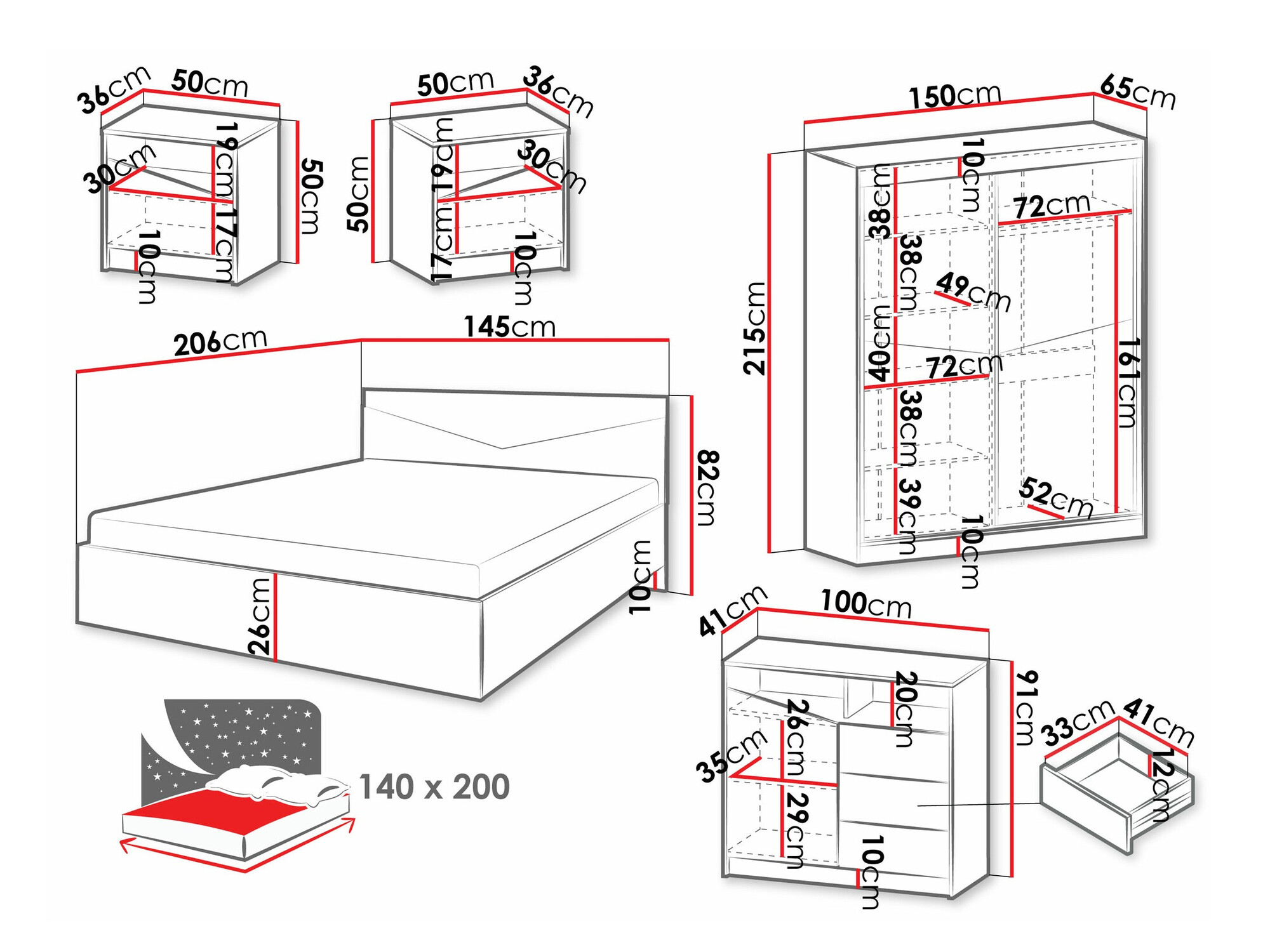 Guļamistabas komplekts Tenreme 108 (Ozols + Melns)