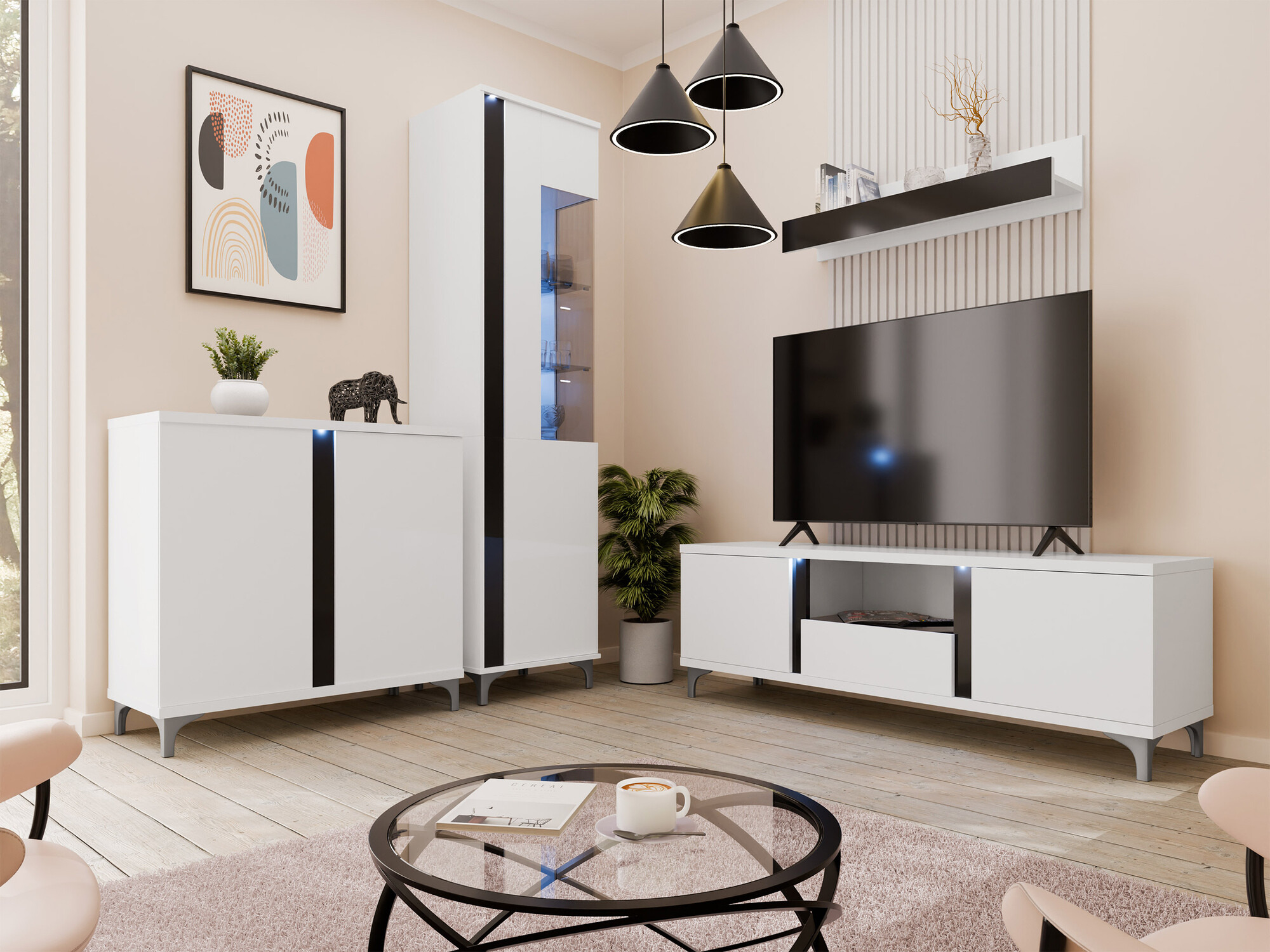 TV galds Livseri 113 (Balts + Glancēts balts + Glancēts melns)