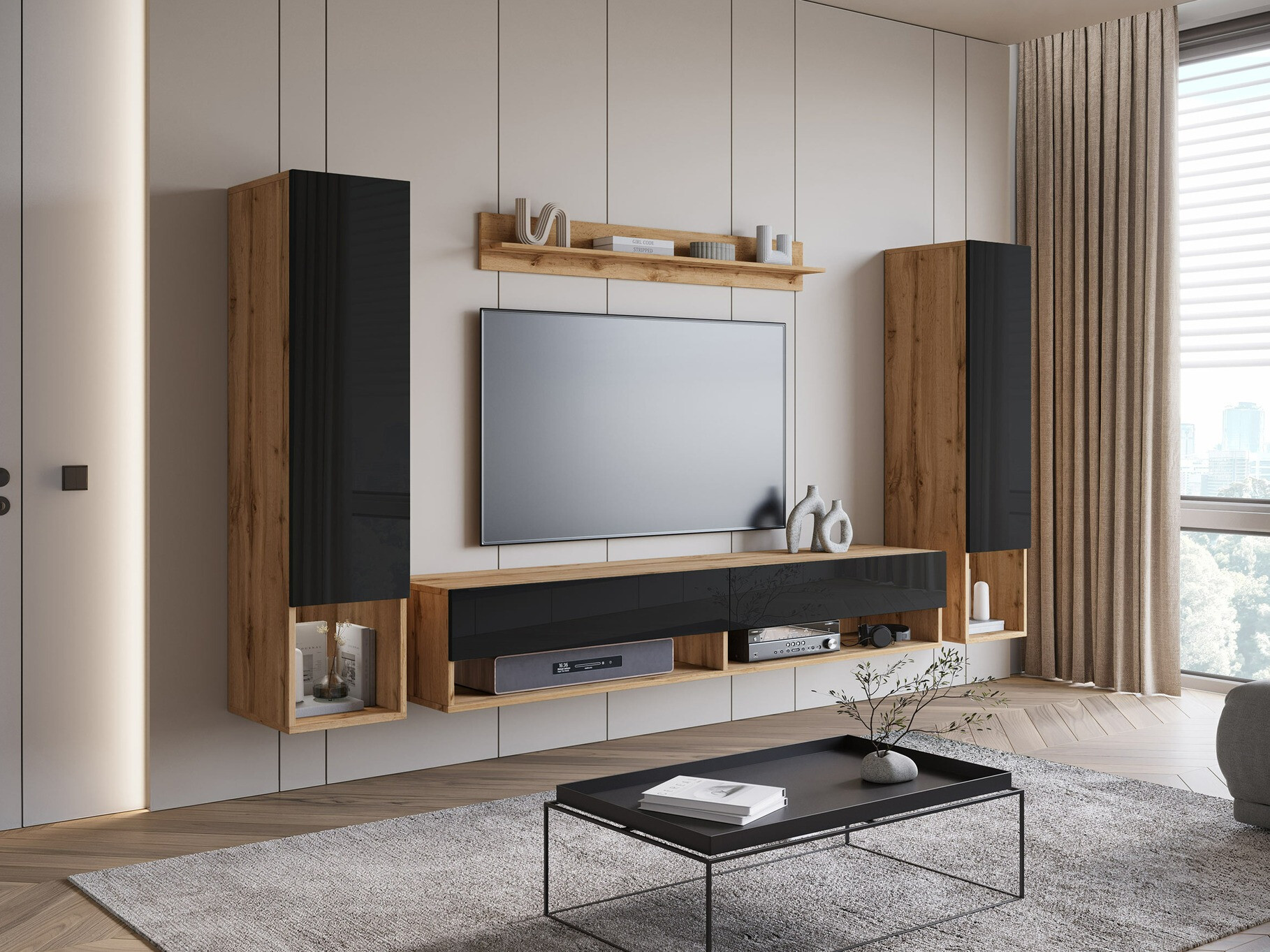 Набор для гостиной Sarasota 176 (Дуб вотан + Глянцевый черный)