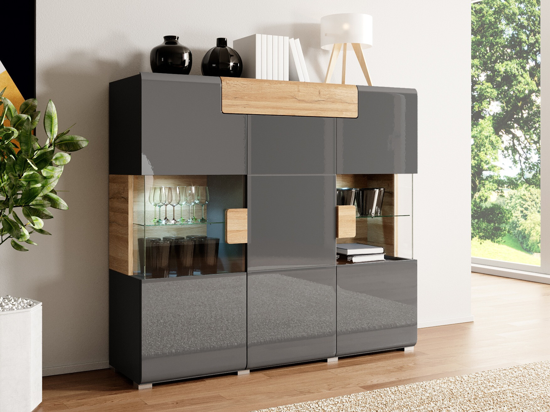 Skapis Torsone 100 (Antracīts + Gloss antracīts + Grandson ozols)