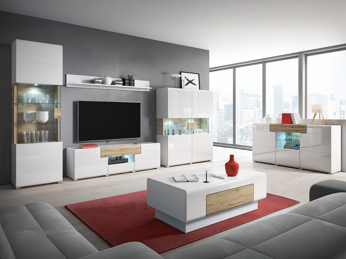 TV galds Torsone 101 (Balts + Glancēts balts + Sanremo ozols)