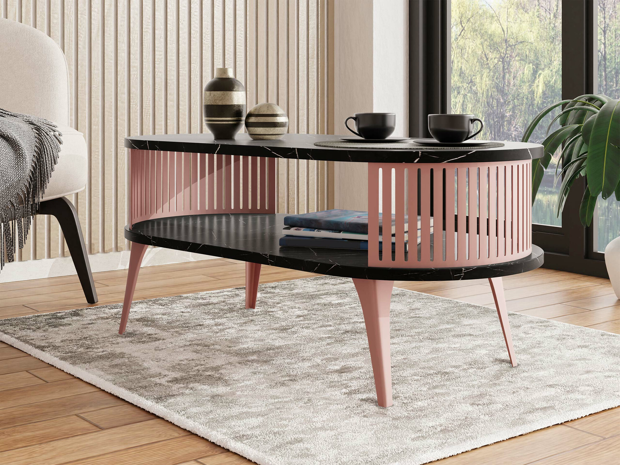 Žurnālu galdiņš Sordore 107 (Tumši rozā + Balts marmors)