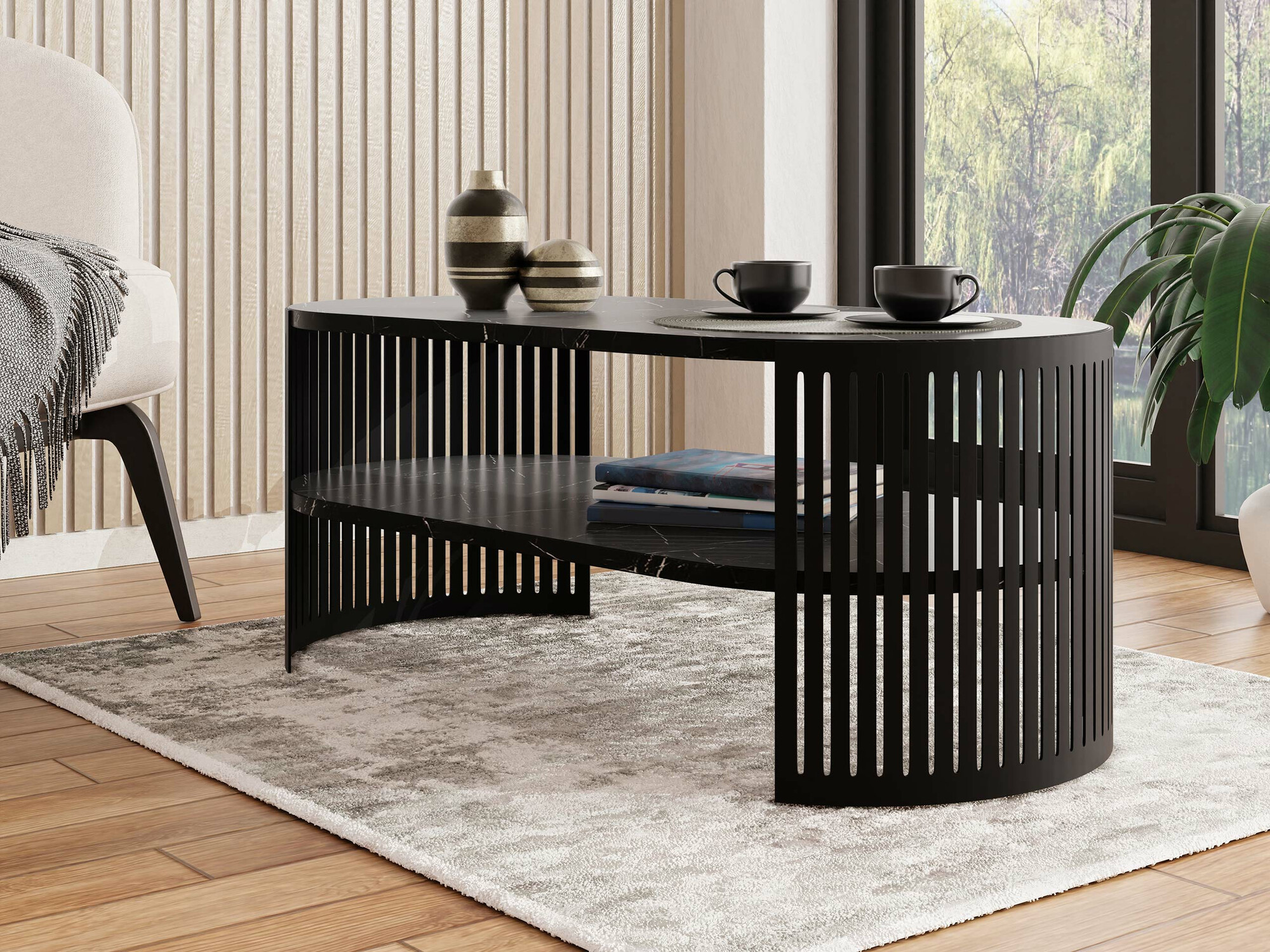 Žurnālu galdiņš Sordore 115 (Melns + Melnais marmors)