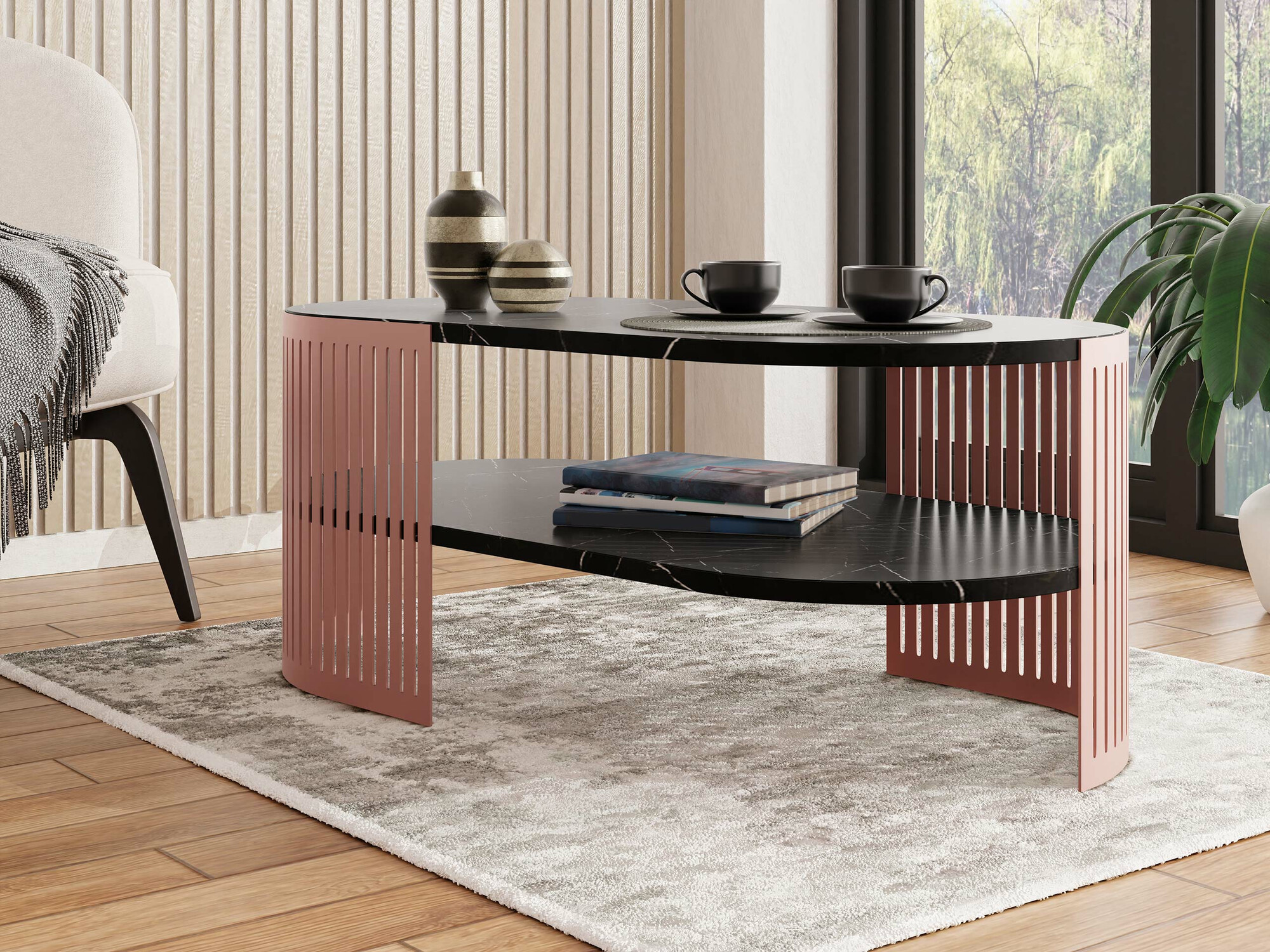 Žurnālu galdiņš Sordore 120 (Tumši rozā + Melnais marmors)