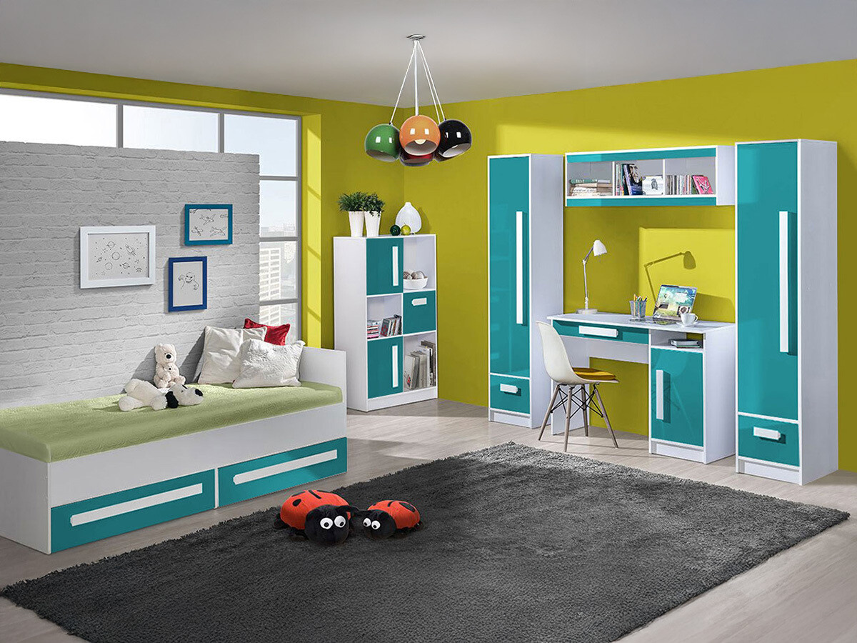 Bērnu istabas komplekts Merevari 108 (Balts + Glancēts Tirkīzs)