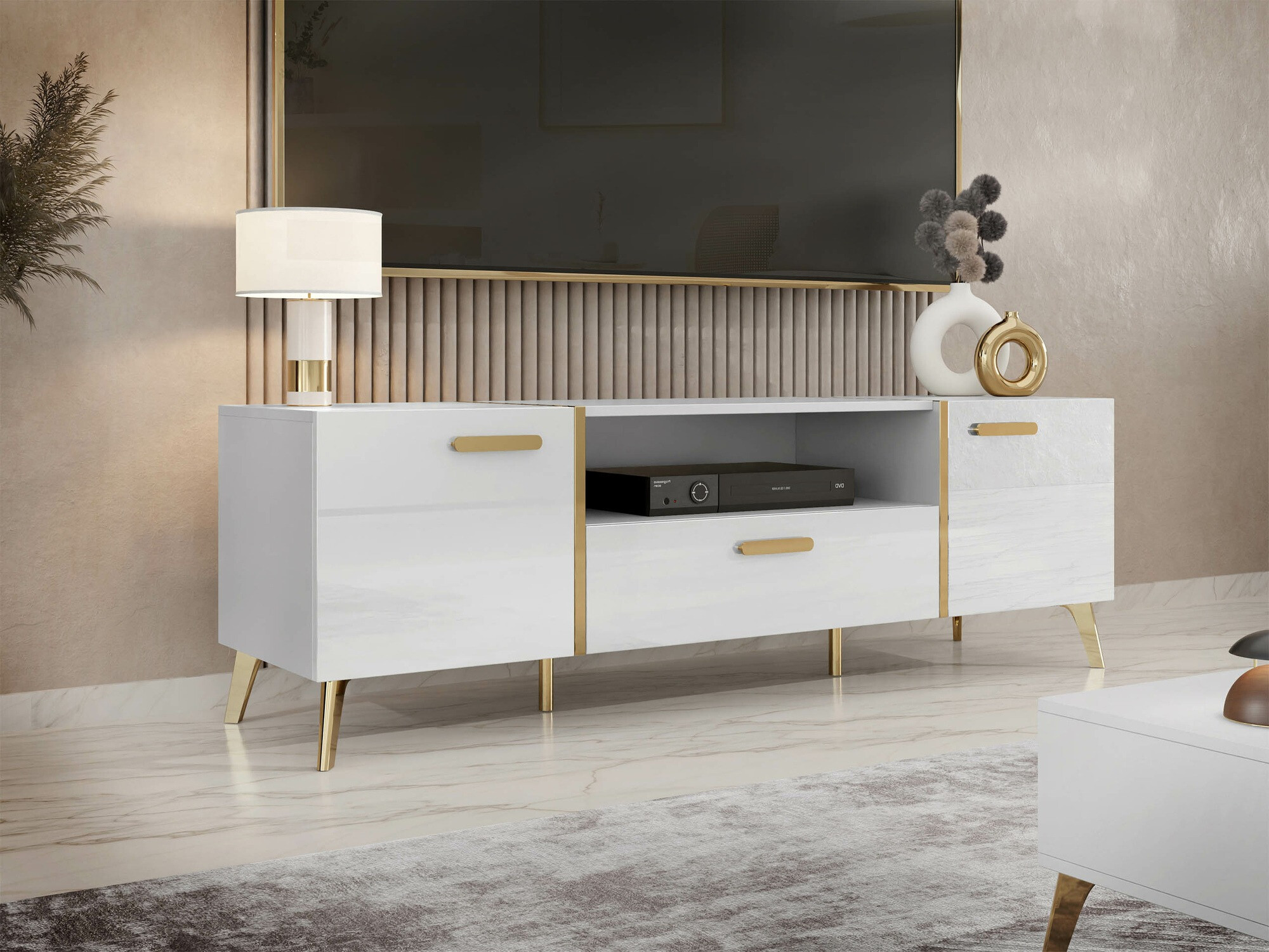 TV galds Teslomo 100 (Balts + Glancēts balts)