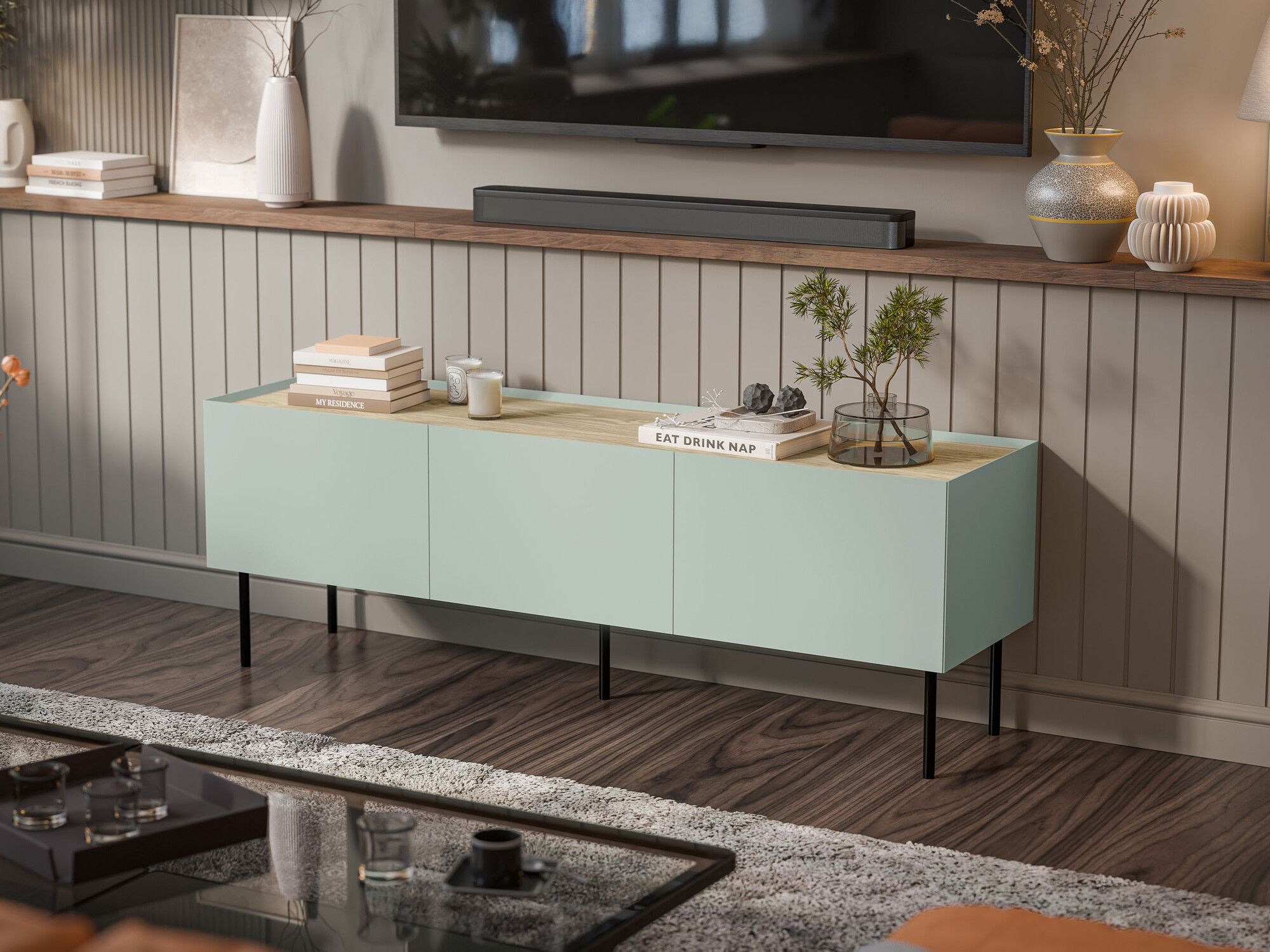 TV galds Melbela 106 (Gaišs olīvkoks + Ozols)