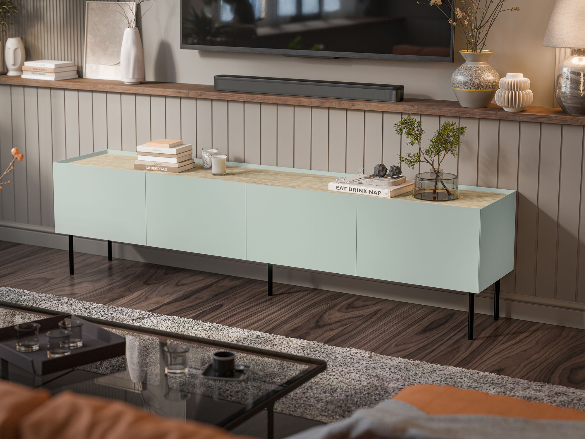 TV galds Melbela 107 (Gaišs olīvkoks + Ozols)