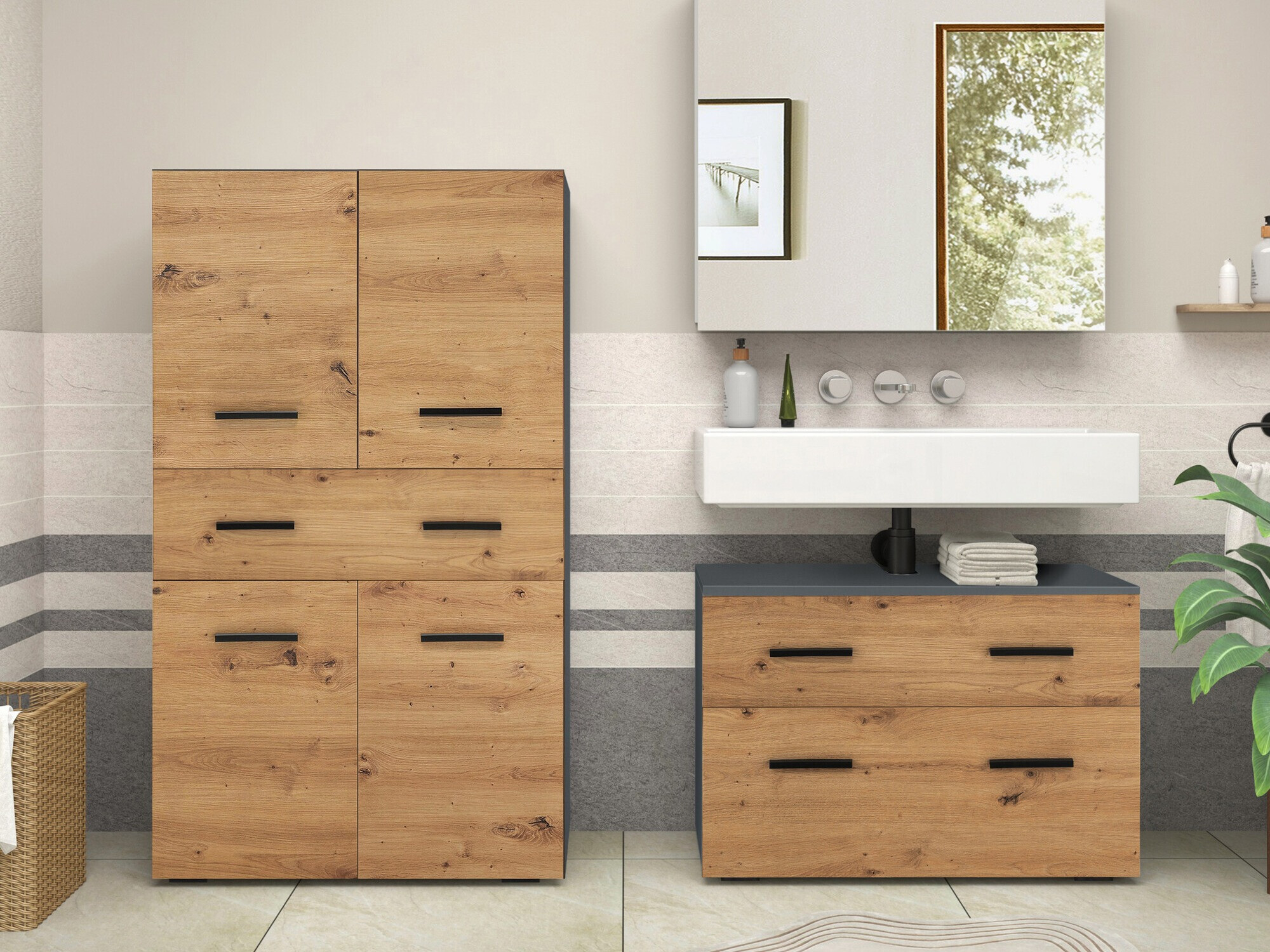 Stāvošs vannas skapītis Larlori 106 (Antracīts + Ozols)