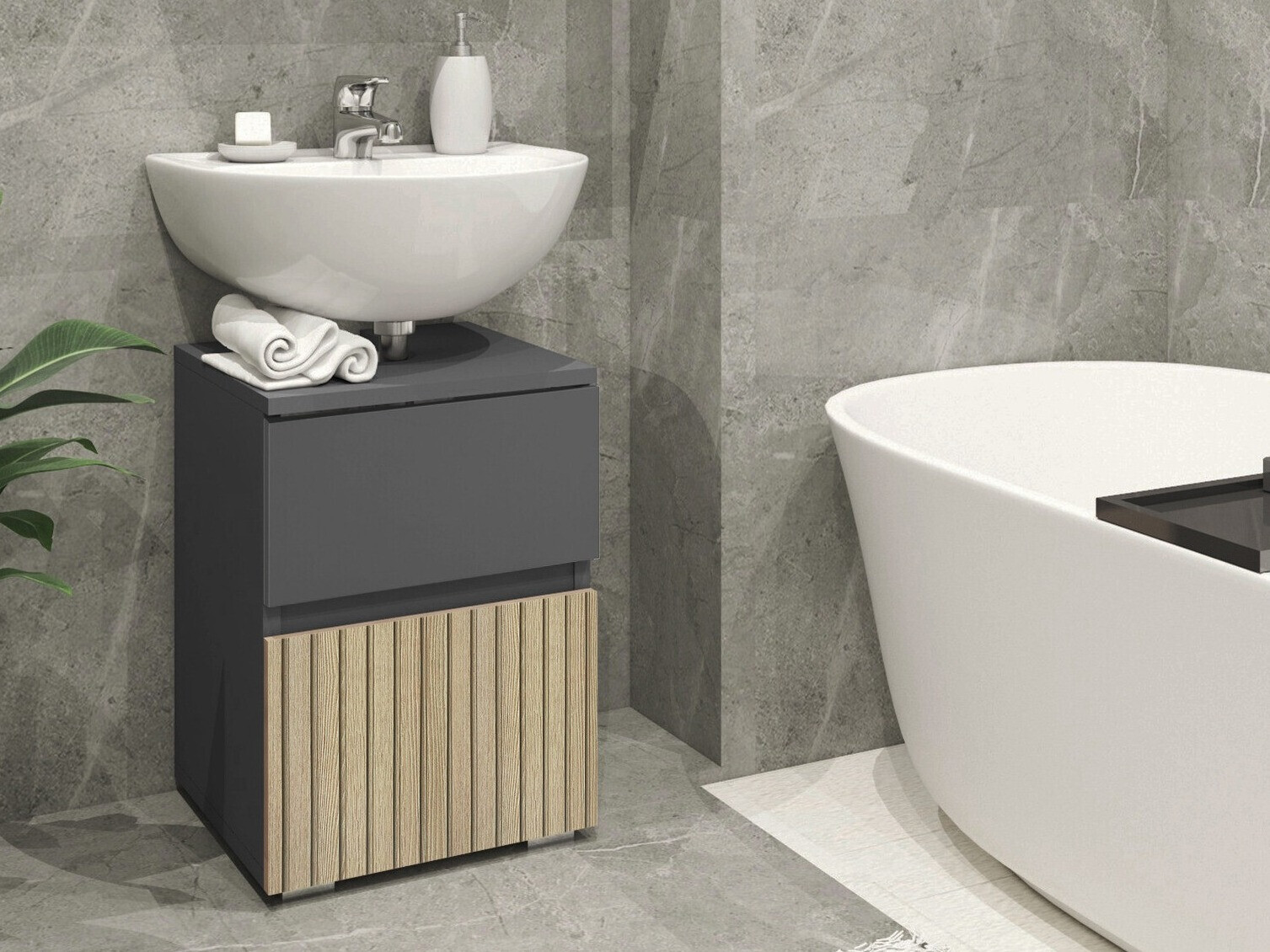 Stāvošs vannas istabas skapītis izlietnei Soncamu 103 (Antracīts + Gaišs ozols)