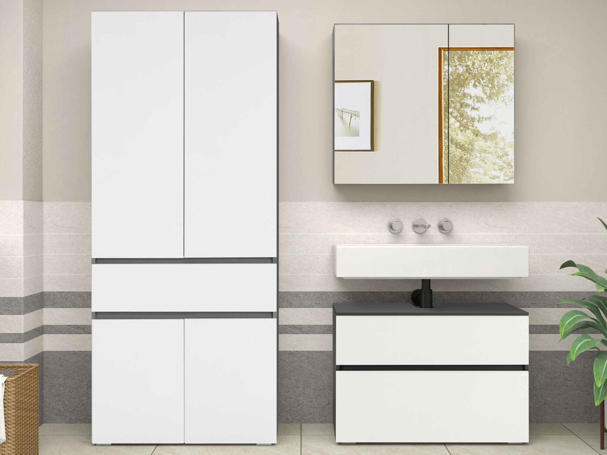 Stāvošs vannas skapītis Soncamu 113 (Balts + Antracīts)