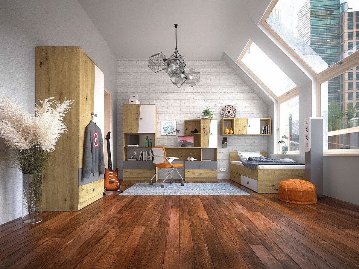 Mēbeļu komplekts Almira 114 (Artisan ozols + Balts + Pelēks)