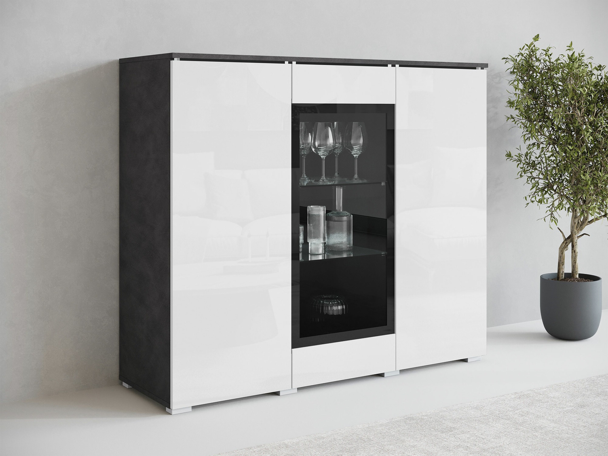 Skapis Sarasota 186 (Matera pelēks + Glancēts balts)