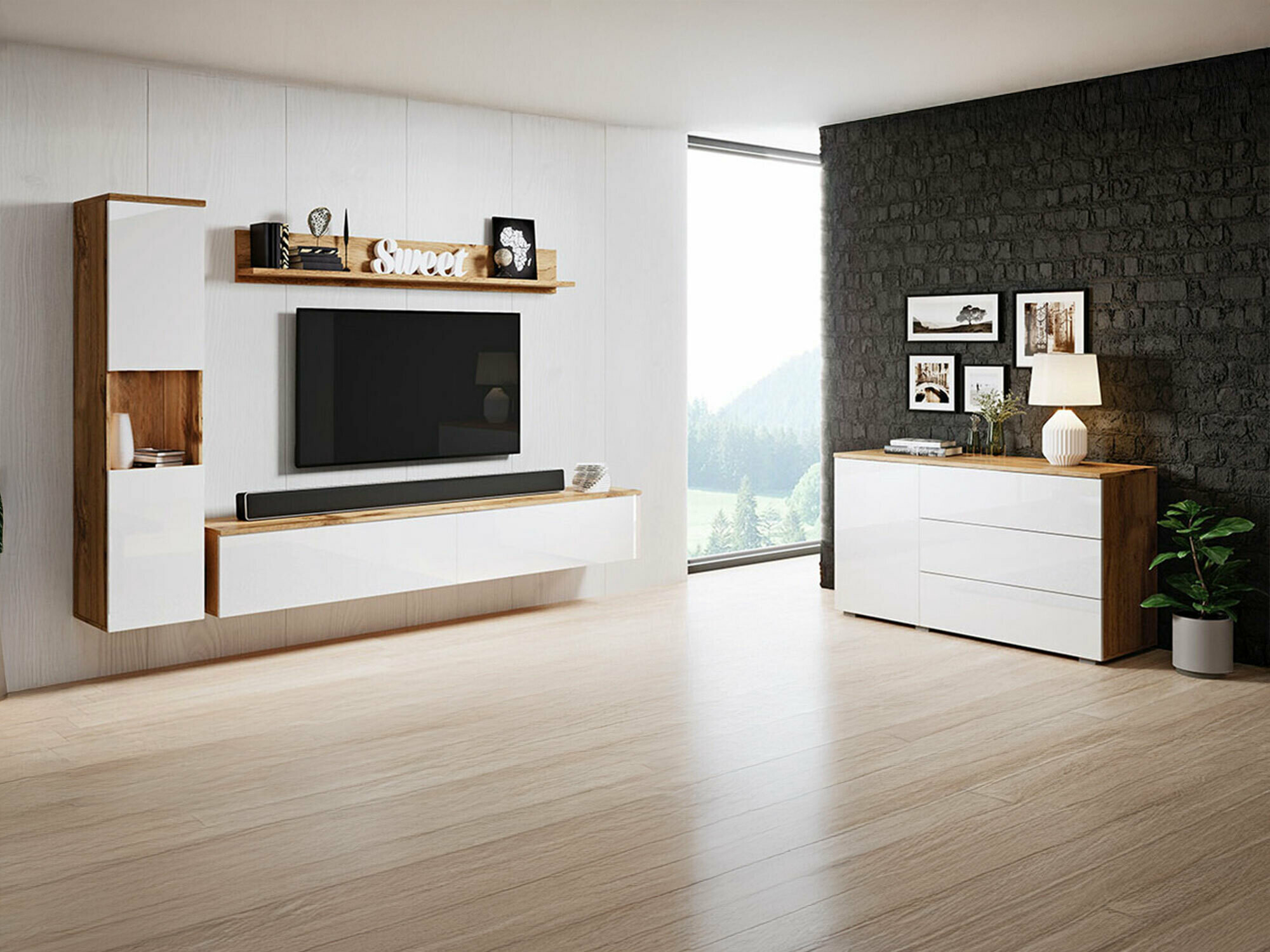 Набор для гостиной Sarasota 132 (Дуб вотан + Глянцевый белый)