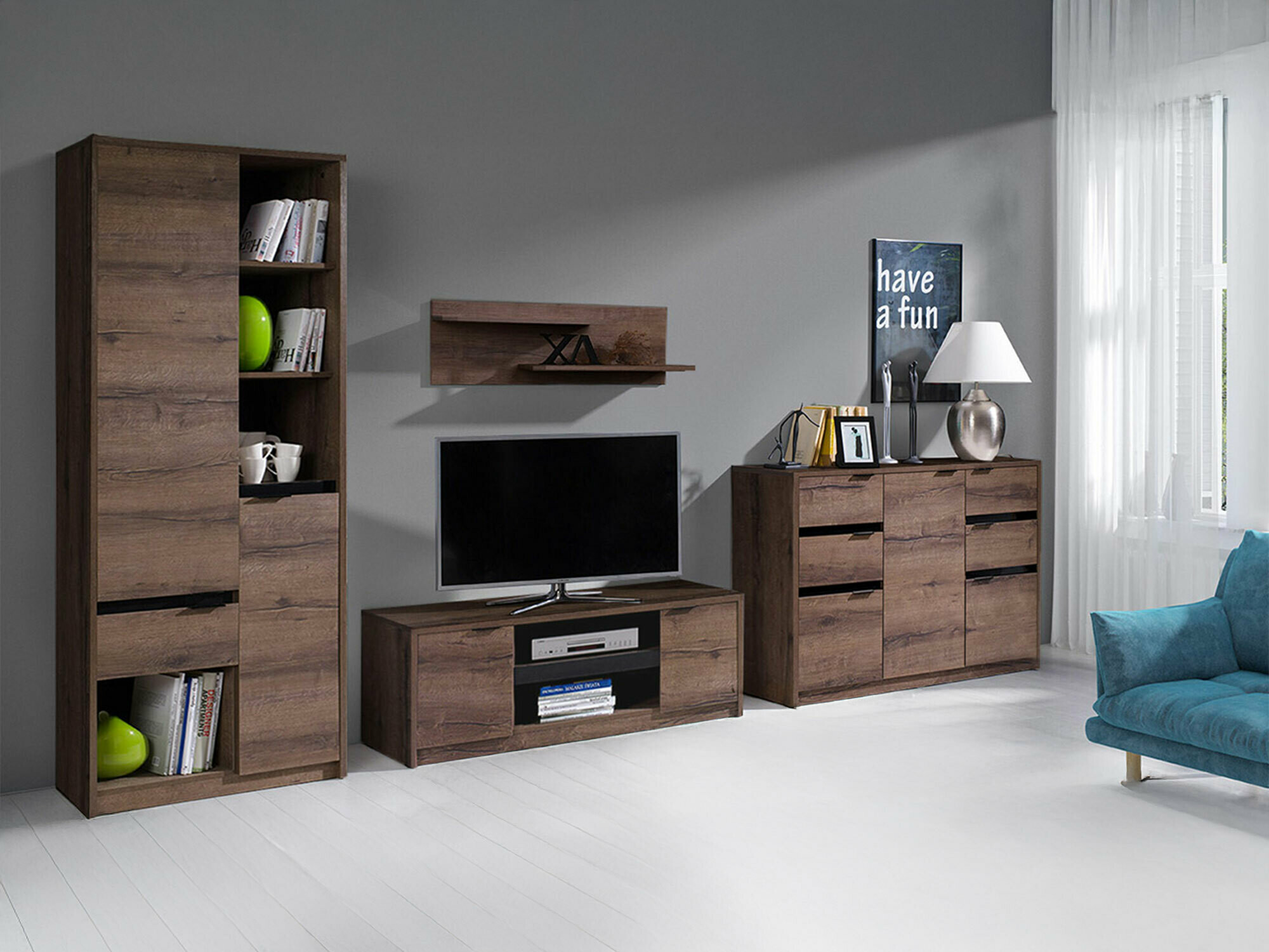 Набор для гостиной Fivelbo 117 (Монастырский дуб + Глянцевый черный)