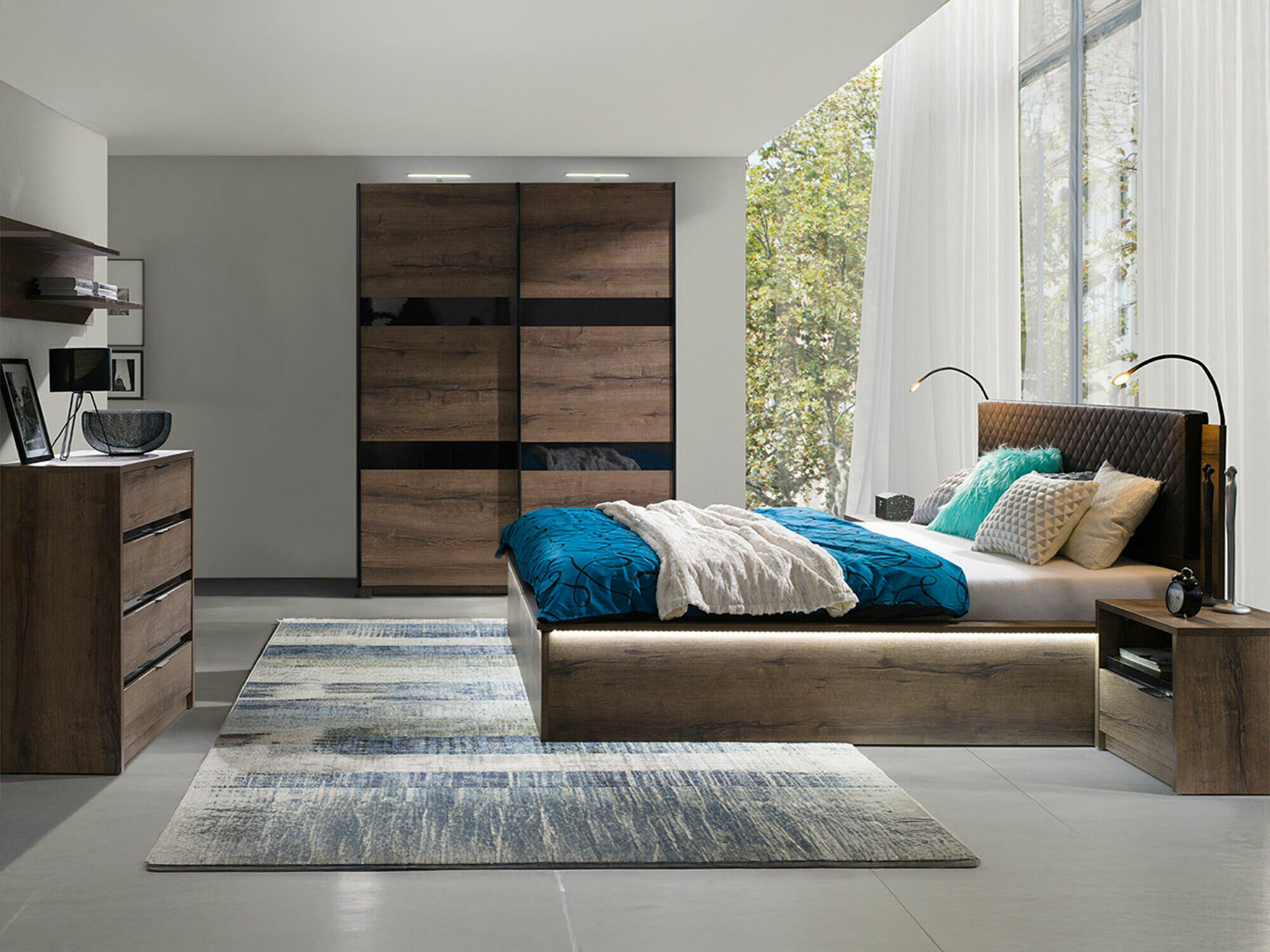 Спальный гарнитур Fivelbo 121 (Монастырский дуб + Глянцевый черный)