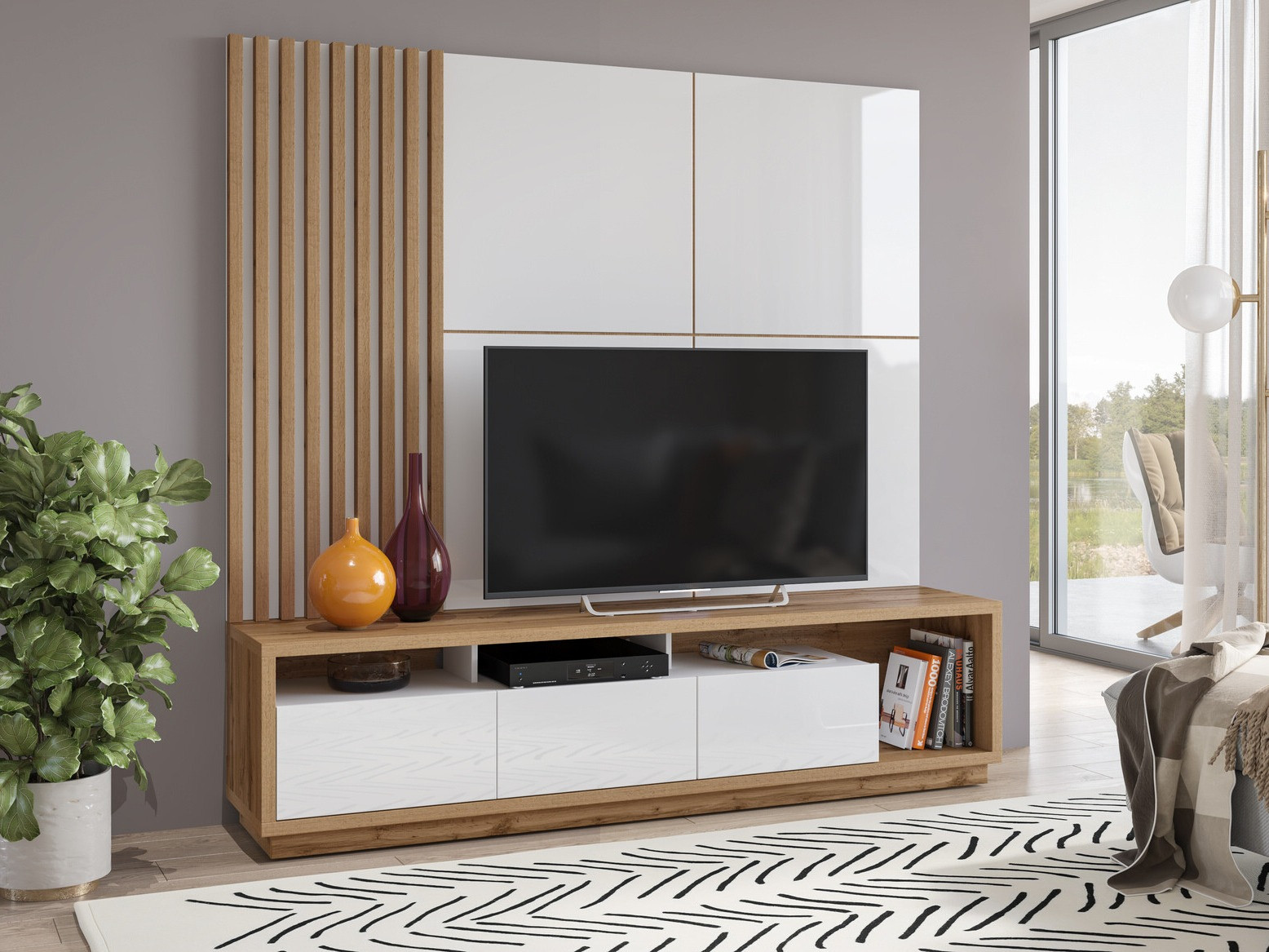 Viesistabas komplekts Austin 360 (Votan ozols + Balts + Glancēts balts)