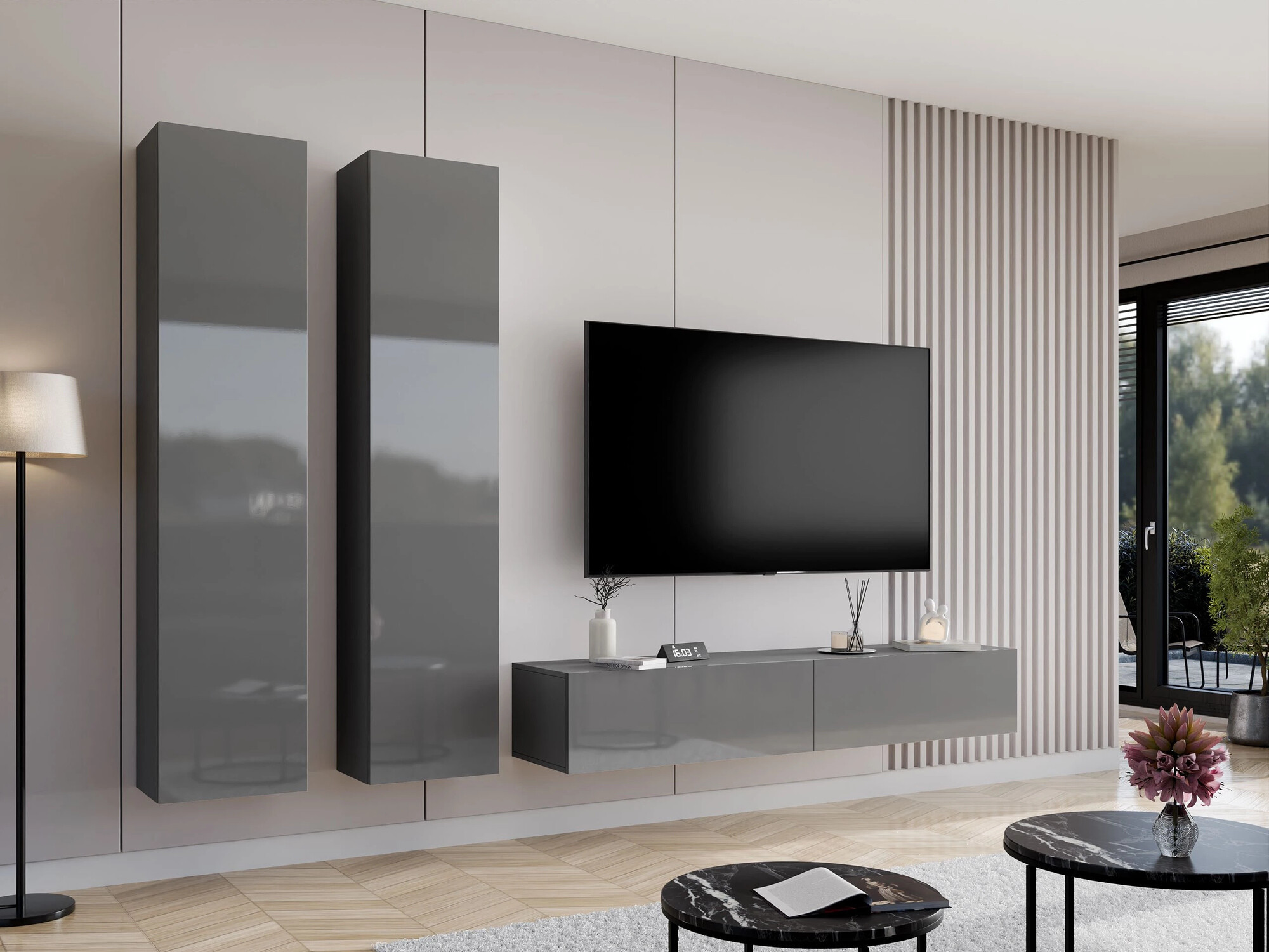 Viesistabas komplekts Venenou 103 (Pelēks + Glancēts pelēks)