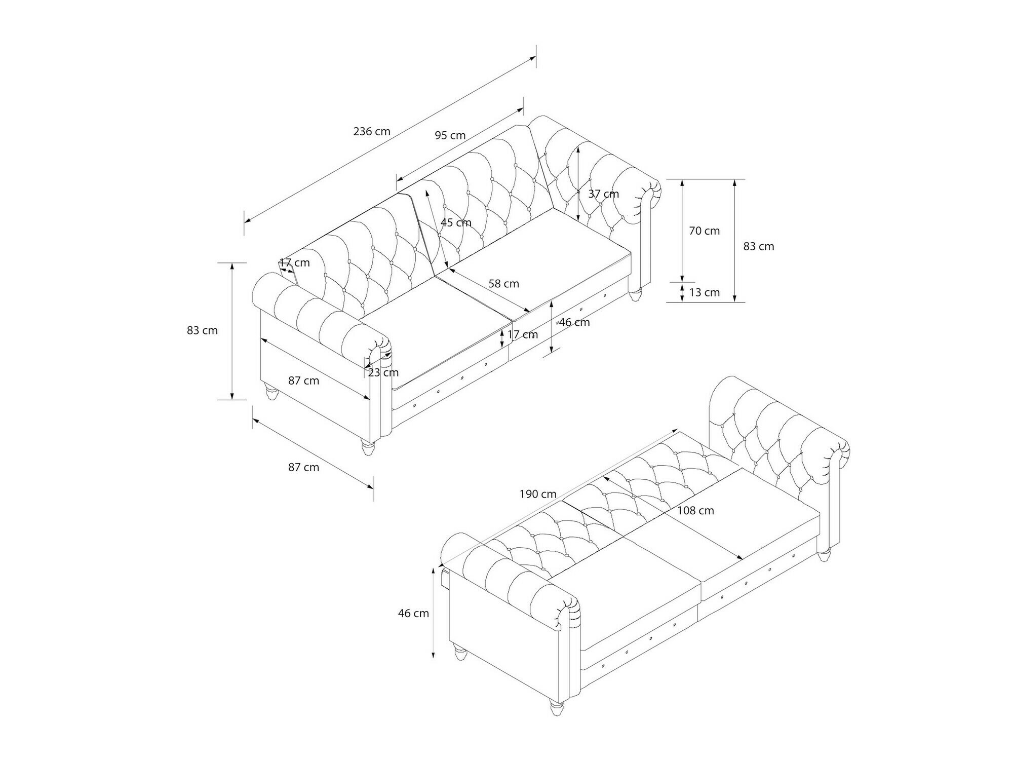 Chesterfield dīvāns Tulsa 217 (Antracīts)