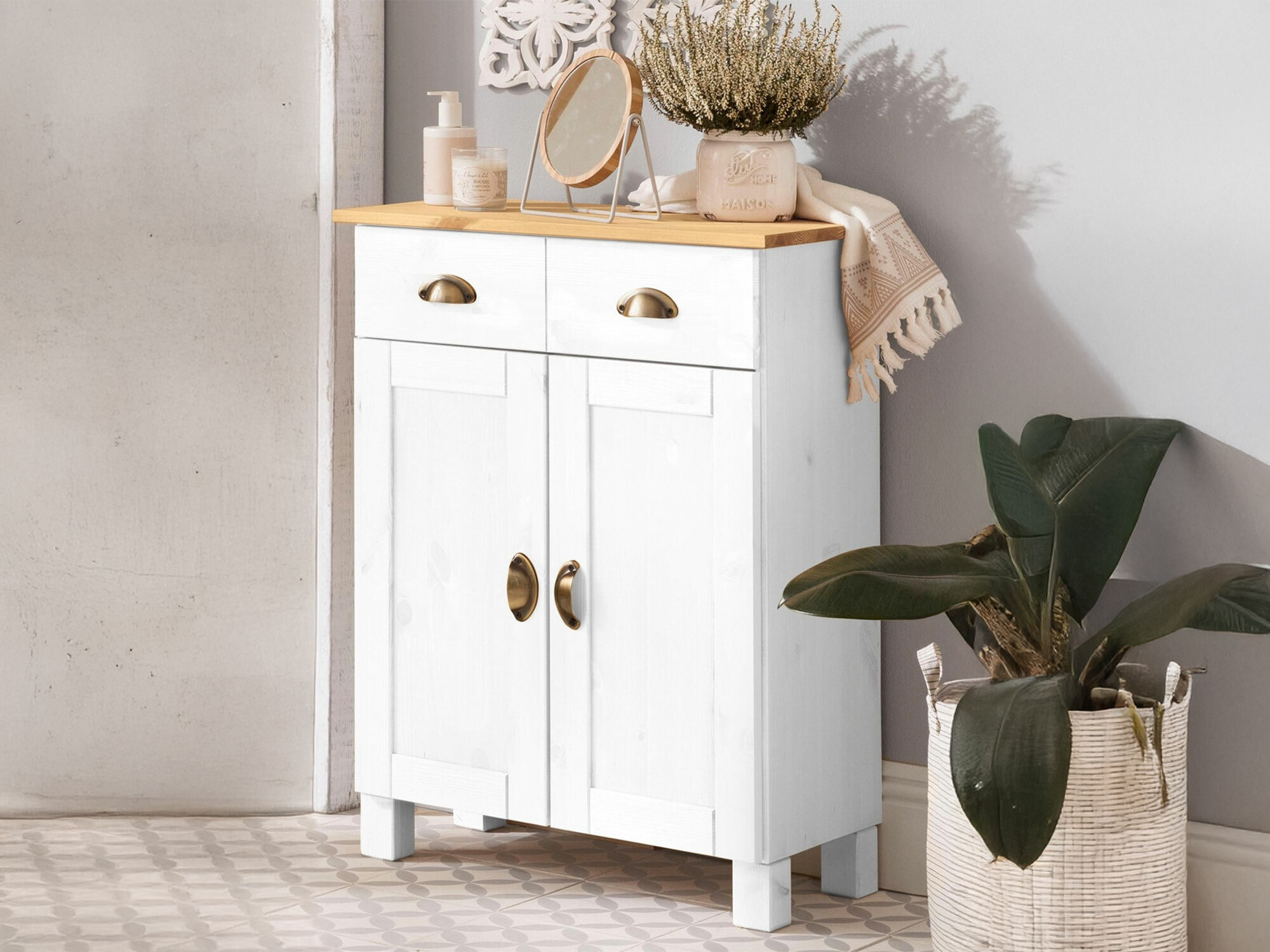 Stāvošs vannas skapītis Serelbu 104 (Balts + Gaiši brūns)