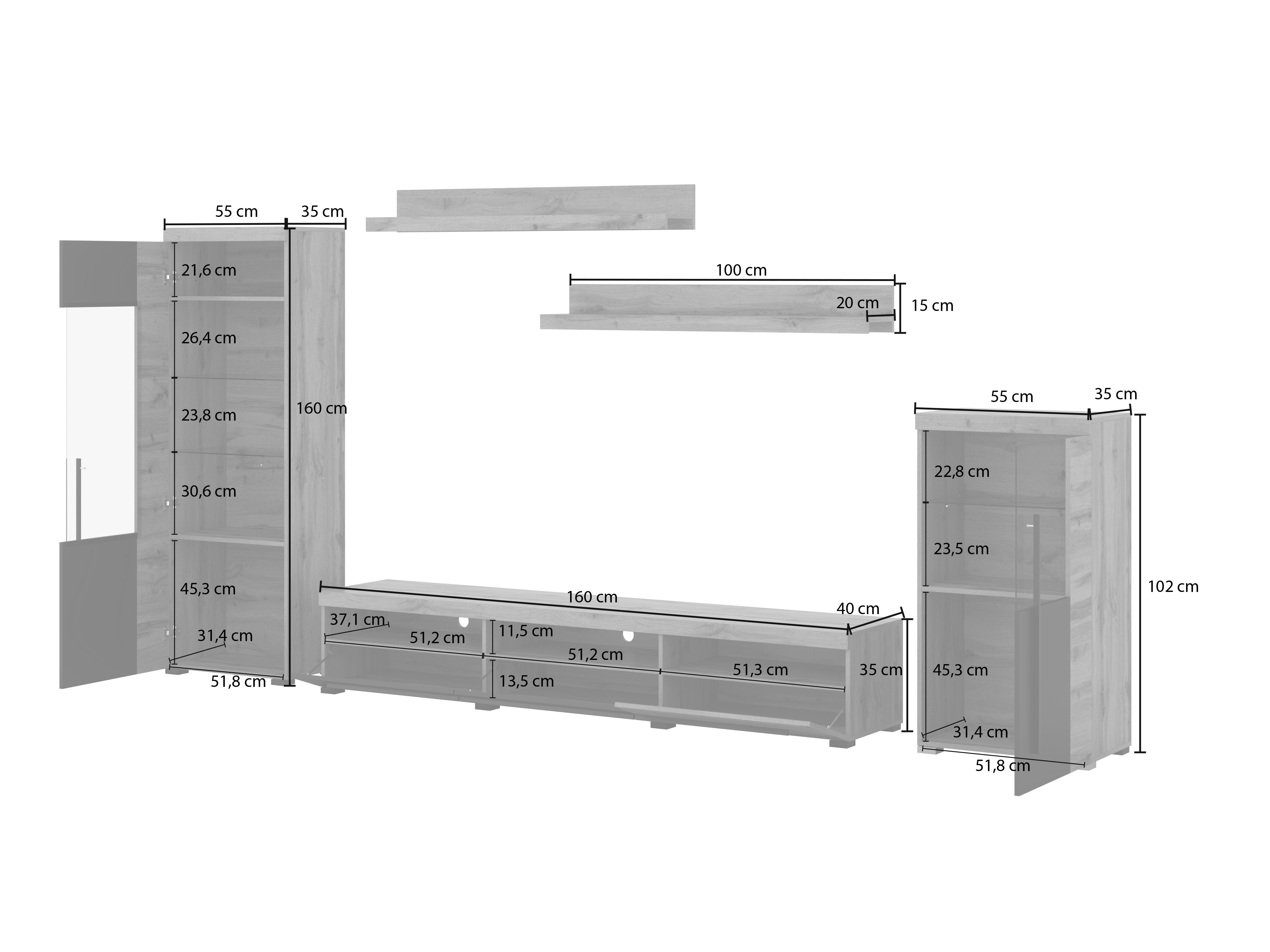 Viesistabas komplekts Sorciro 103 (Melns + Votan ozols)