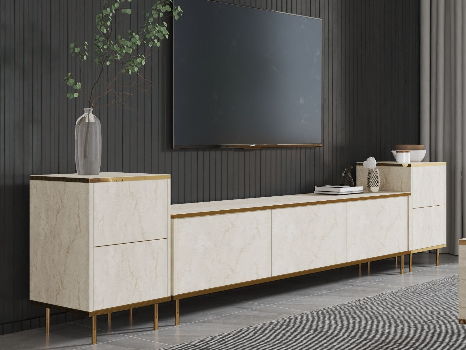TV galds Kailua 2574 (Gaišs Travertine + Zelta)