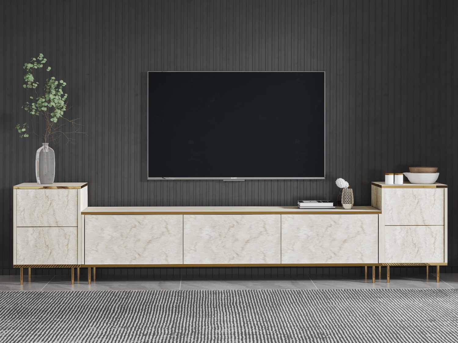 TV galds Kailua 2574 (Gaišs Travertine + Zelta)