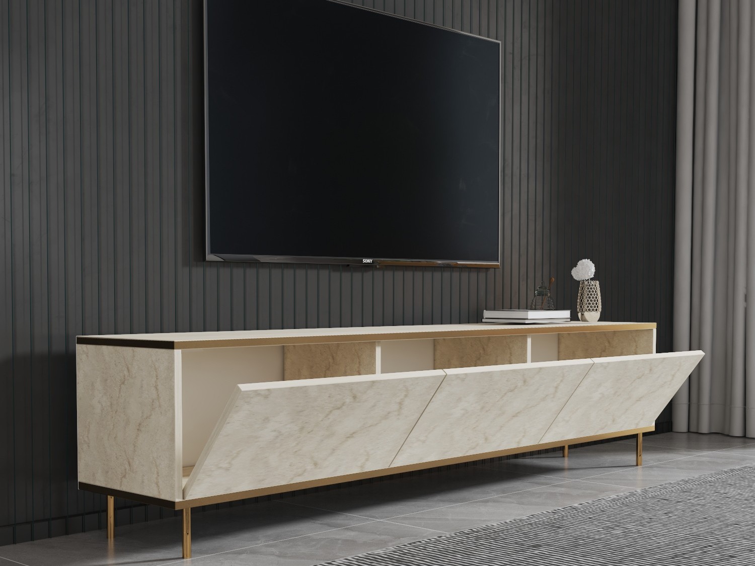 ТВ тумба Kailua 2573 (Светлый Travertine + Золотой)