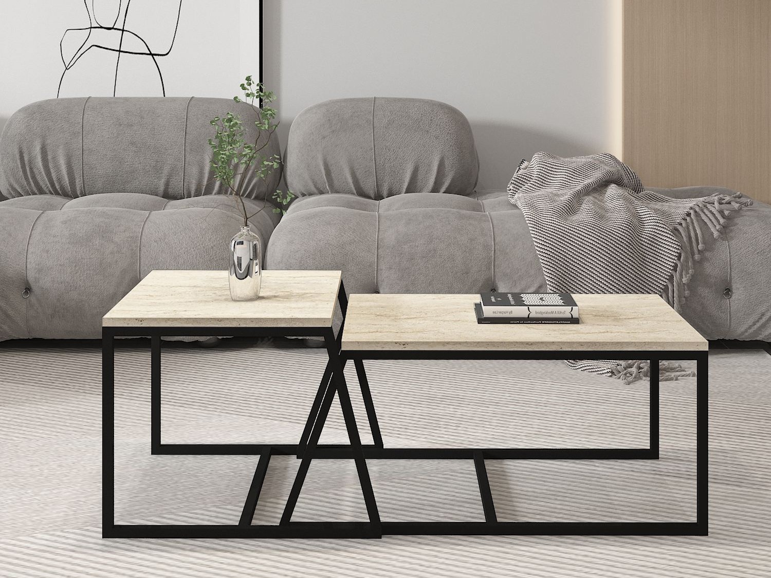 Комплект журнальных столиков Kailua 1804 (Светлый Travertine + Чёрный)