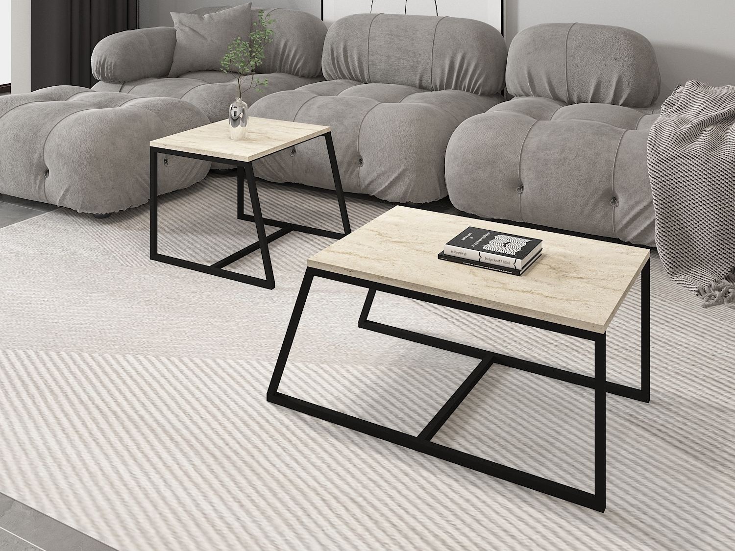 Комплект журнальных столиков Kailua 1804 (Светлый Travertine + Чёрный)